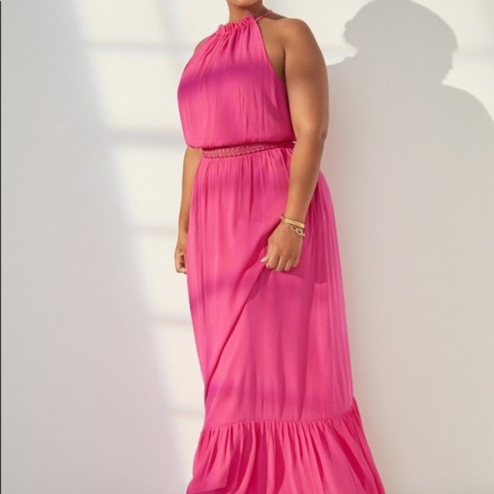 Crochet Trim High Halter Maxi Dress